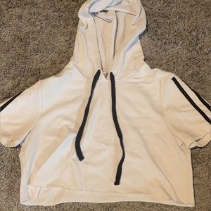 Papaya Drawstring Hooded T-Shirt| Small| White with Black Stripes on Sleeves